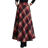 ebossy Women's Vintage High Waist Wool Blend Plaid A-Line Long Maxi Skirt with Pocket