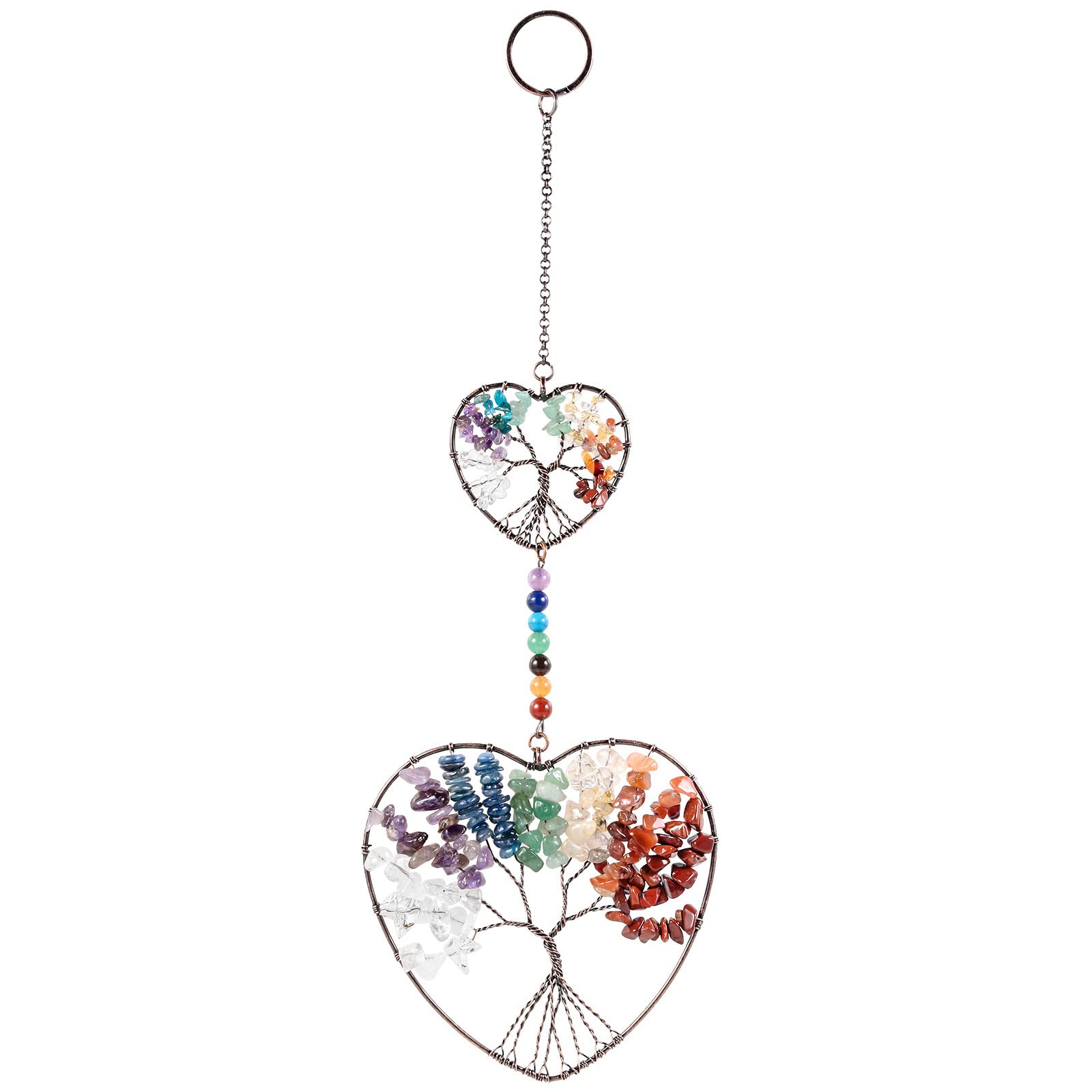 Nupuyai 7 Chakra Double Love Heart Crystal Tree of Life Hanging Ornament, Reiki Healing Stones Home Window Good Luck Wedding Decor