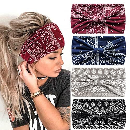 4Pcs Headbands for Women Wide Knotted Turban Bandana Boho Head Scarfs Wraps Yoga Hairbands Fabric Elastic Headband Sport Running Headscarves (Cashew)