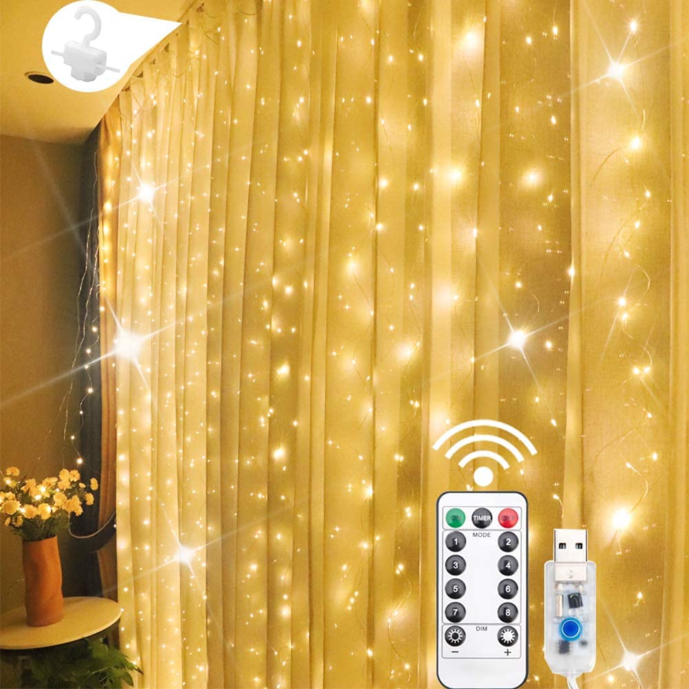 PERMORMAK Window Curtain String Light 200 LED 3m x 2m 8 Lighting Modes Fairy Lights Remote Control USB Powered Waterproof Lights for Christmas Bedroom Party Wedding Home Garden Wall Decorations