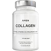 Amen Multi Collagen Peptides Capsules with Hyaluronic Acid and Vitamin C - 5 Types of Collagen Protein Type I, II, III, V, X - Grass Fed Hydrolyzed - 18 Amino Acids - Collagen Supplement - 90 Pills