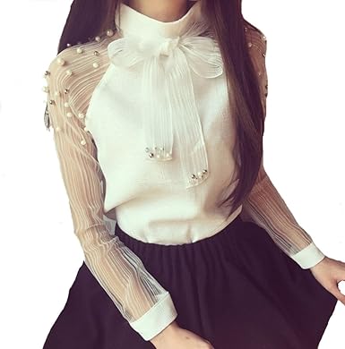 Amazon.com: dingaozlz nuevo 2018 manga larga camisa blanca Organza abalorio Pajarita Tops blusa de Gasa Casual para Mujer Office Lady Shirt: Clothing