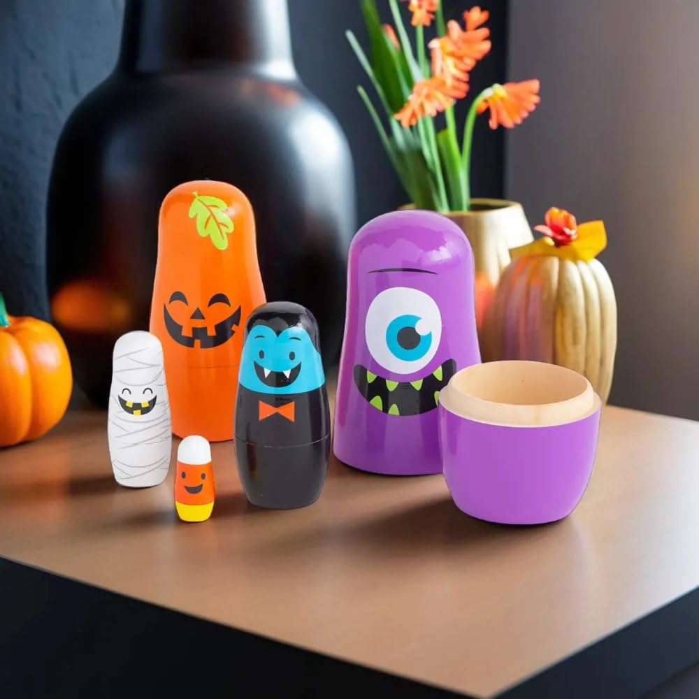 Fun Express Halloween Nesting Dolls - Russian Matryoshka Style Wooden Stacking Dolls Set of 5 | Kids Halloween Decor & Educational Nesting Toys for Toddlers 1-3 | Small Dolls for Girls & Boys Gift
