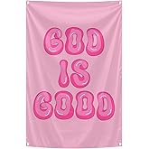 Tapestri God is Good Pink Wall Decor Flag 2x3 Feet With 4 Brass Grommets. Funny Flag for Teen Girls Room Indoor Outdoor Bedroom and College Dorm Wall Decor Banner.