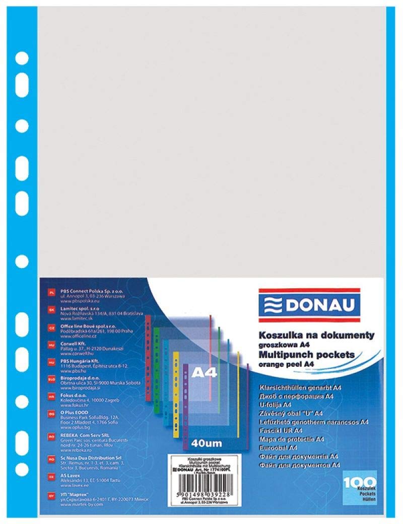 Punched Pockets DONAU PP A4 Orange Peel 40 Micron Coloured Spine Feature Blue 100pcs / Document Archiving/Type-Crystal/Kind-Coloured Edge/Material-PP/Colour-Blue/Format-A4