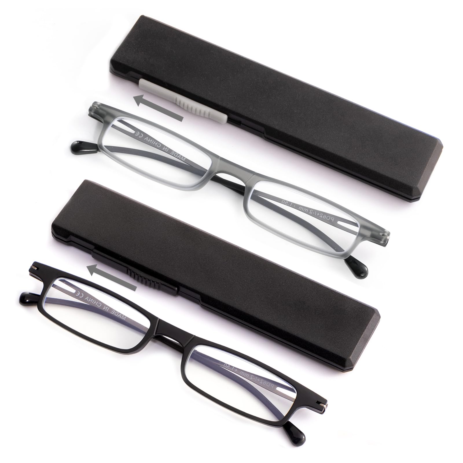 OuShiun 2 Pack Folding Reading Glasses Ultra-thin Travel Readers Flat Computer Eyewear with Compact Case for Women Men,Black/Grey,3.50