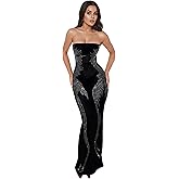ZGMYC Women's Sparkle Rhinestone Strapless Maxi Dress Sexy Side Split Tube Top Dress Long Bodycon Cocktail Party Dress