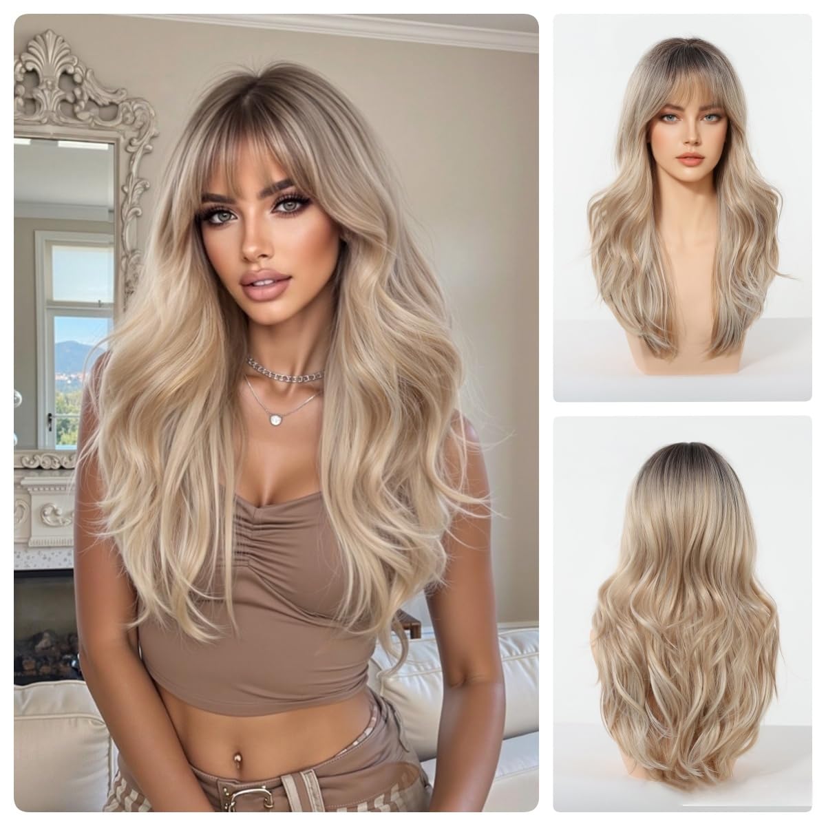 Photo 1 of Novastel Golden Blonde Human Hair Wigs for Women with Bangs Layered Wavy Long Hair Natural Soft Glueless Lightweight Heat Resistant (Golden Brown,Long)