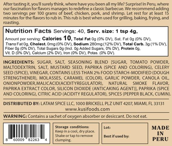 KUSI FOODS PERUVIAN SWEET & SMOKING BBQ RUB 5.6 OZ, SEASONING WITH PAPRIKA, CELERY SEED AND VINEGAR, NATURAL INGREDIENTS, PERFECT FOR GRILLING, AIRFRYER, MEAT, CHICKEN, LOW CALORIES