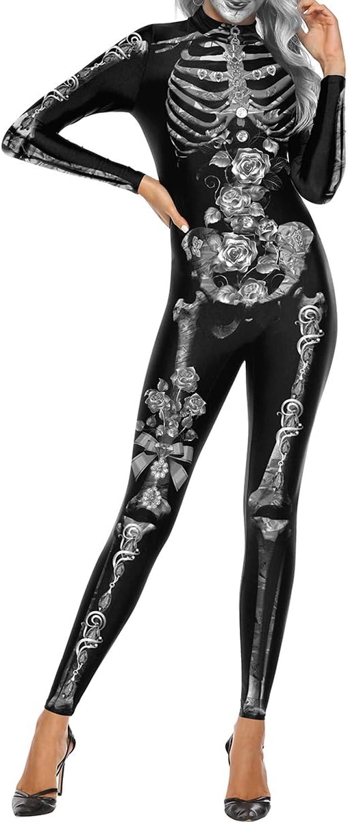 Necosthua Women Christmas Costume 3D Print Digital Stretch Skinny Xmas Cosplay Catsuit Jumpsuit Bodysuit