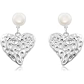 Whatforsh 925 Sterling Silver Heart White Pearl Stud Hammered Dangle Drop Hypoallergenic Wedding Earrings for Women