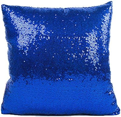 Sequins Pillow Cushion Case, Glitter Paillette Sequins Throw Pillow Case Decorative Glitzy Comfy Satin Solid Color Throw Pillow Cover 16"X16" Sapphire Blue