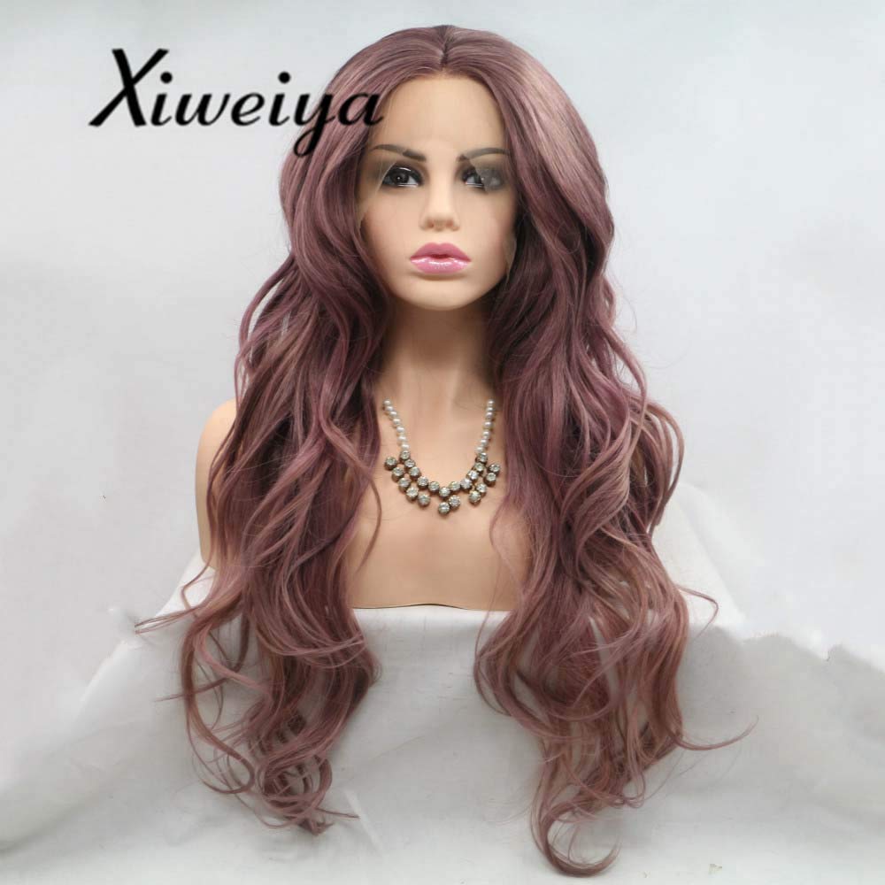 Xiweiya Smoke Purple Synthetic Lace Front Wigs Metallic Purple Rose Brown Natural Wave Wigs Heat Resistant Fiber Hair Wig Long Wavy Wig Middle Parting Cosplay Wigs โ image 1