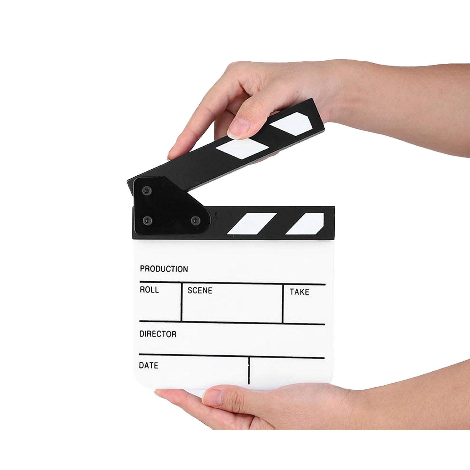 Mini Film Clapperboard, 5.9 x 6.5in Acrylic Director Scene Clap Board, TV Movie Action Clapper Board Film Cut Prop, with Erasable Whiteboard Marker Pen