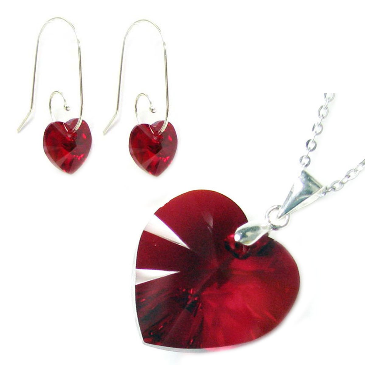 Queenberry Sterling Silver Red Austrian Elements Crystal Heart Earrings Pendant Necklace Set, 16" + 2" Extender