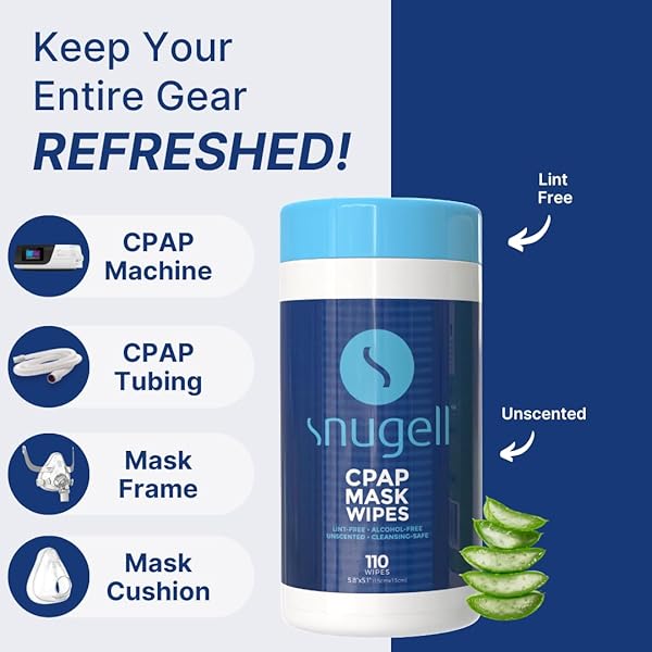 SNUGELL UNSCENTED CPAP MASK WIPES – 110 COUNT –100% SOFT COTTON – LINT & ALCOHOL-FREE – SKIN-SAFE FORMULA WITH ALOE VERA – EASY-TO-OPEN CANISTER – PERFECT FOR CLEANING CPAP MASKS, TUBES, AND DEVICES
