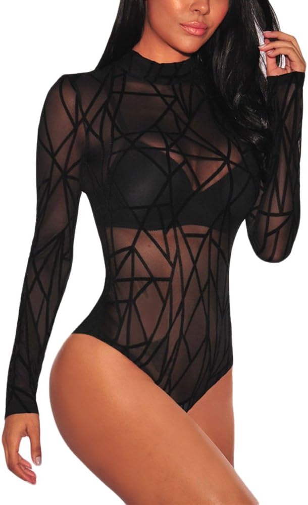 LradyWomen's Sheer Mesh Turtleneck Neck See Through Leotard Bodysuit Body Tops