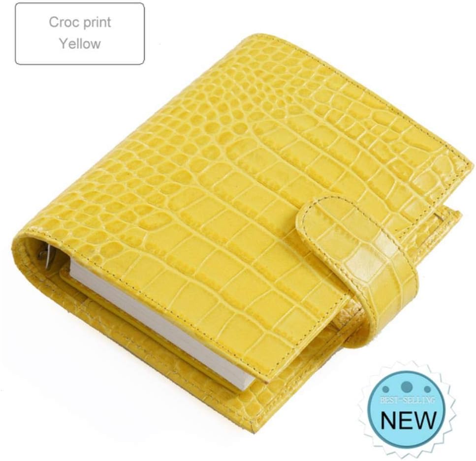 Qingb Genuine Leather Rings Notebook Brass Binder Mini Agenda Organizer Cowhide Diary Journal Sketchbook Planner Big Pocket,Croc Yellow,A7 Cover 142x115mm
