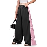 IIMMER Big Girls Fall Cute Bowknot Side Side Baggy Track Pants Color Block Wide Leg Trousers Black & Pink 13-14 Years