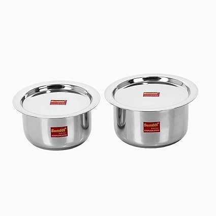 Sumeet 2 Pcs Stainless Steel Induction & Gas Stove Friendly Container Set/Tope / Cookware Set with Lids - Size No.10 & No.11