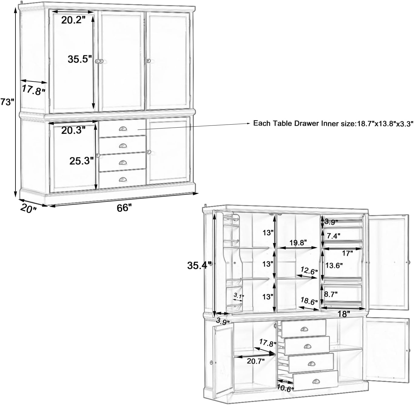 Technical drawing showing detailed dimensions of the Merax 73-inch pantry cabinet.