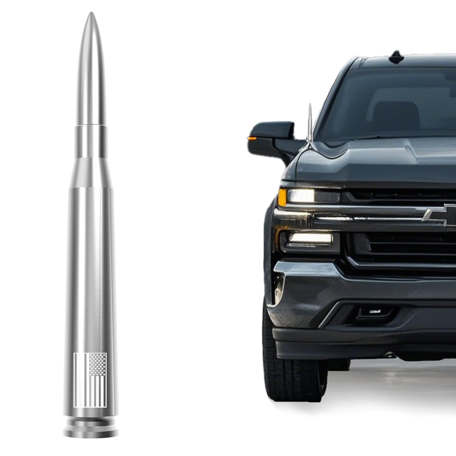 Photo 1 of American Flag Car Truck Bullet Antenna for GM Chevy Silverado GMC Sierra 1500 2500 3500 HD Avalanche Denali, Anti Theft Design & Carwash Safe, Pickup Trucks Accessories (Chrome)