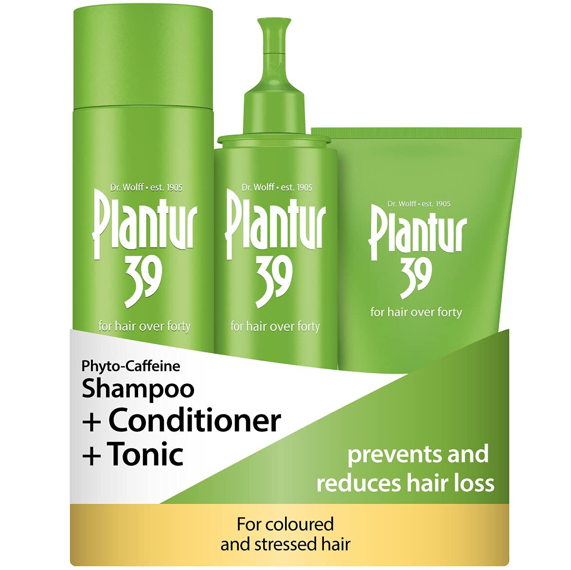 Plantur 39 Caffeine Shampoo Conditioner and Tonic Prevents and Reduces Hair Loss | Coloured and Stressed Hair | Unique Formula Supports Hair Growth | 250ml Shampoo | 150ml Conditioner | 200ml Tonic