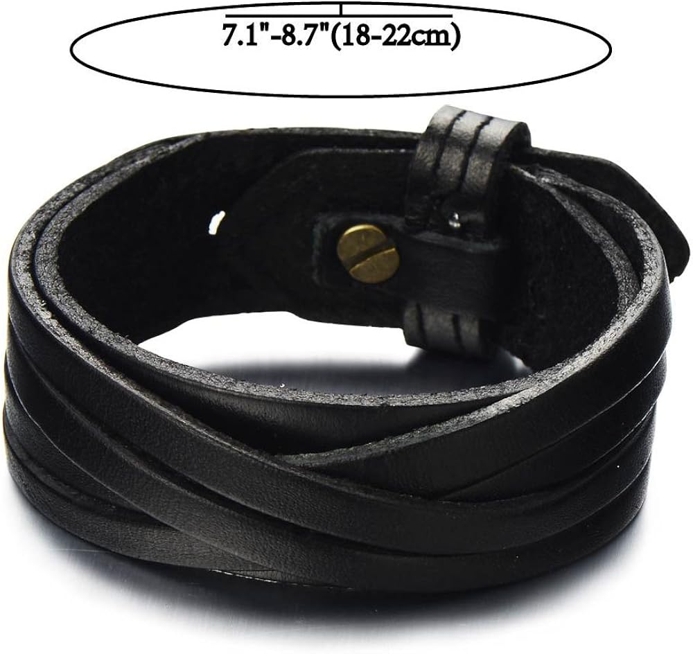 COOLSTEELANDBEYOND Classic Mens Stripe Leather Bracelet Black Genuine Leather Wristband - Image 3