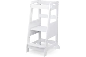 TOETOL Bamboo Toddler Kitchen Step Stool White Helper Standing Tower Height Adjustable with Anti-Slip Protection for Kids Kitchen Counter Learning