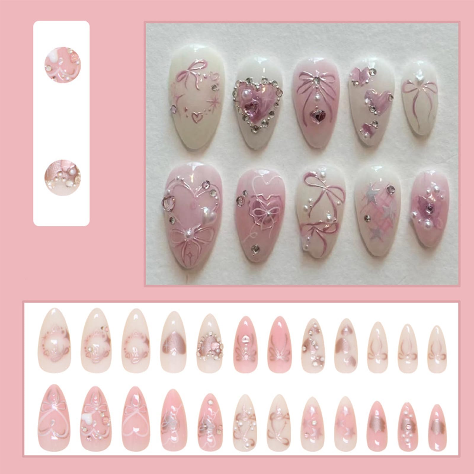 LBPEPAMZ Pink Press on Nails Medium Almond Fake Nails with 3D Heart Pearl Rhinestones Designs White Gradient Bow Silver Star Stick on Nails Flower Charms Full Cover Glue on Nails for Women Girls 24Pcs - Image 2
