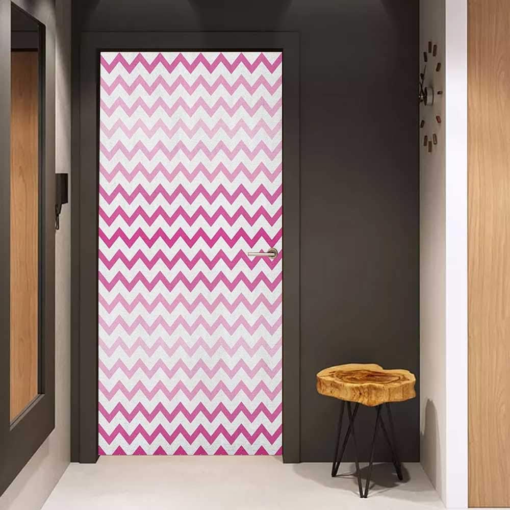 Onefzc Door Wallpaper Murals Light Pink Chevron Zigzag Pattern with Twisted Parallel Lines in Vibrant Tones Graphic WallStickers W23 x H70 Magenta White