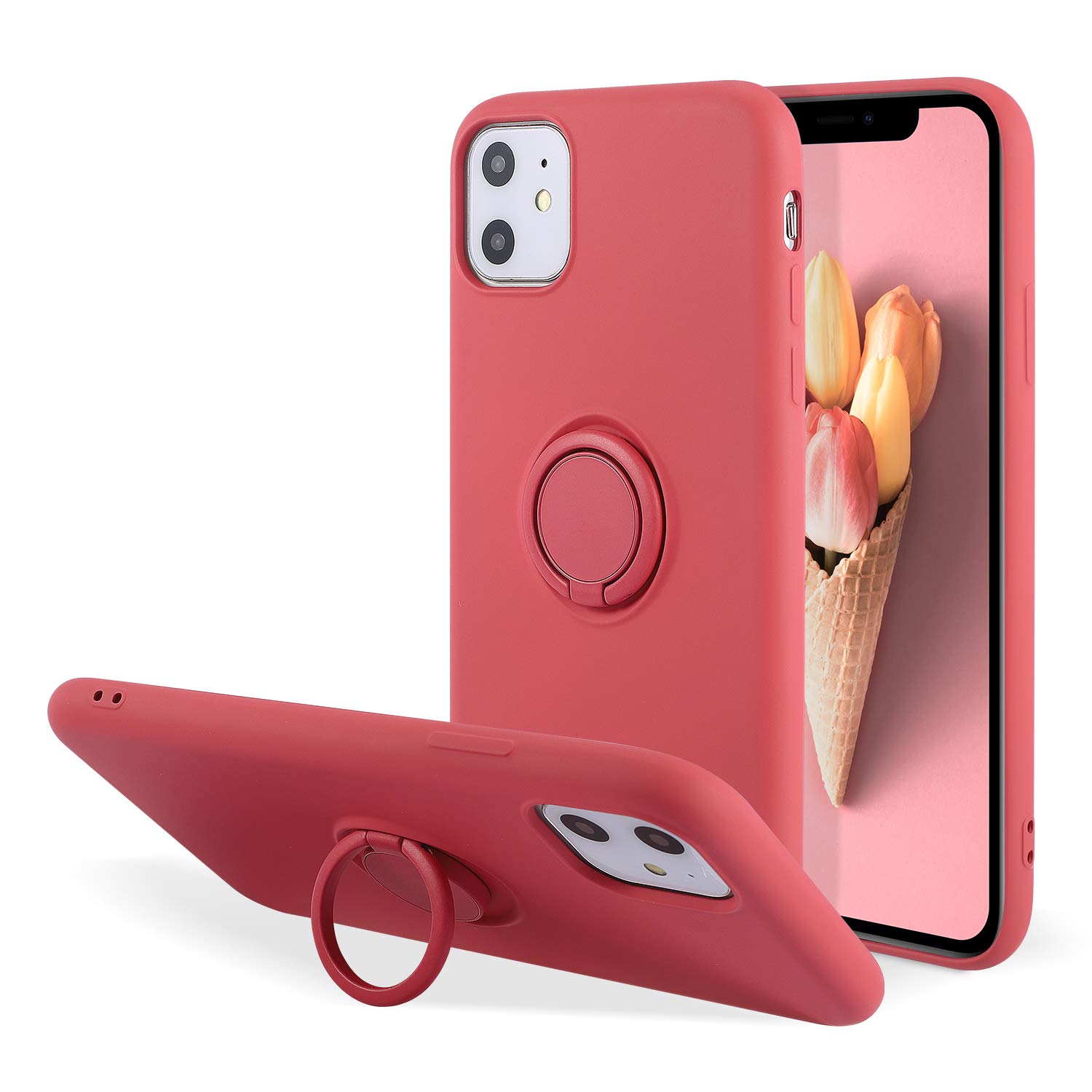 UEEBAI Case for iPhone 11 6.1 inch, Ultra Slim Liquid Silicone Phone Case with 360 Rotatable Ring Holder Kickstand with Magnetic Car Mount Gel Rubber TPU Bumper Shockproof Cover for iPhone 11 - Peach โ image 1