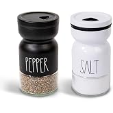 Black &amp; White Salt and Pepper Shakers Set with Adjustable Pour Holes, 4 oz | Refillable Design Spice Shakers, Stainless Steel &amp; Glass Salt Shaker Decor for Pink Himalayan, Table Salt, Ground Pepper