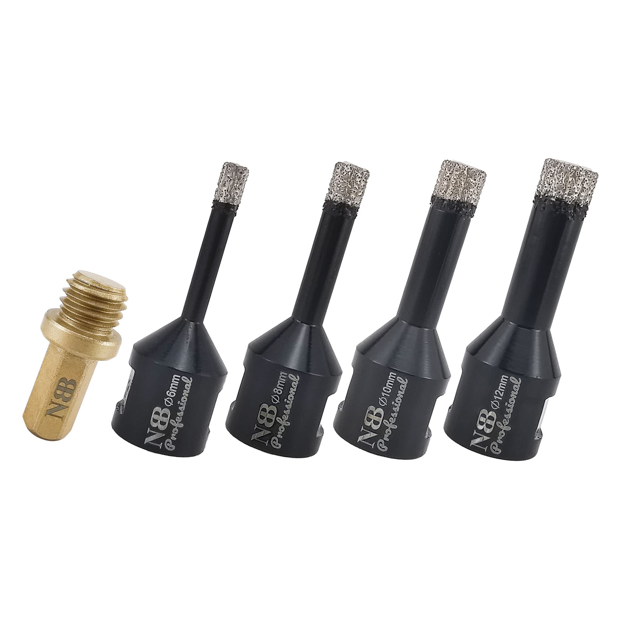 NBB Vacuum brazed Diamond Hole Saw with M14, for Dry or Wet Drilling Professionally on Hard Porcelain, Ceramic, Tile, Granite, Marble, Fast, Durable, for Angle Grinder (PRO 6/8/10/12mm + 1pc Adaptor) — image 1