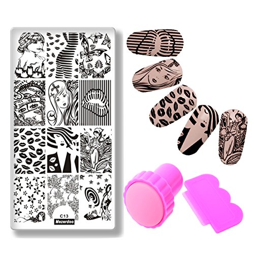 Mezerdoo Stainless Steel Nail Art Image Plate Pretty Girl Sexy Lips Nail Beauty Print Flower Candle Nails Stamp Plate&Stamper Scraper Set