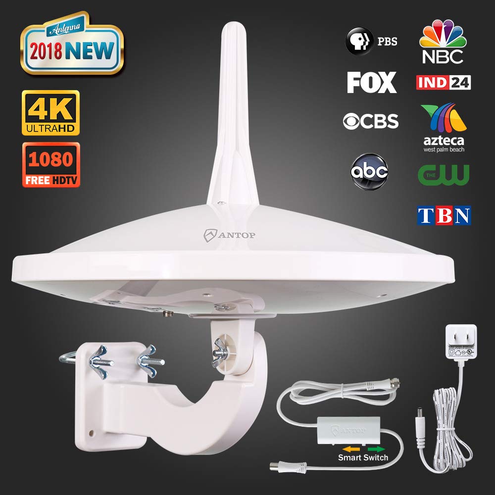 ANTOP UFO 720° Dual-Omni Reception Outdoor HDTV Antenna 65 Mile Range with Smartpass Amplified & Built-in 4G LTE Filter Fit Indoor/Outdoor/RV/Attic Use for Enhanced VHF/UHF(33ft Coaxial Cable) AT-415B