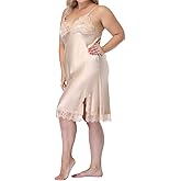 Women's Plus Size Full Slips Lace Chemise Lingeries Sexy Front Slit Negligees Silky Nightgown Sleepwear