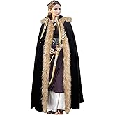 L'VOW Viking Fur Cloak with Hood Fur Hooded Cape for Women Men Ren Faire Medieval Cosplay