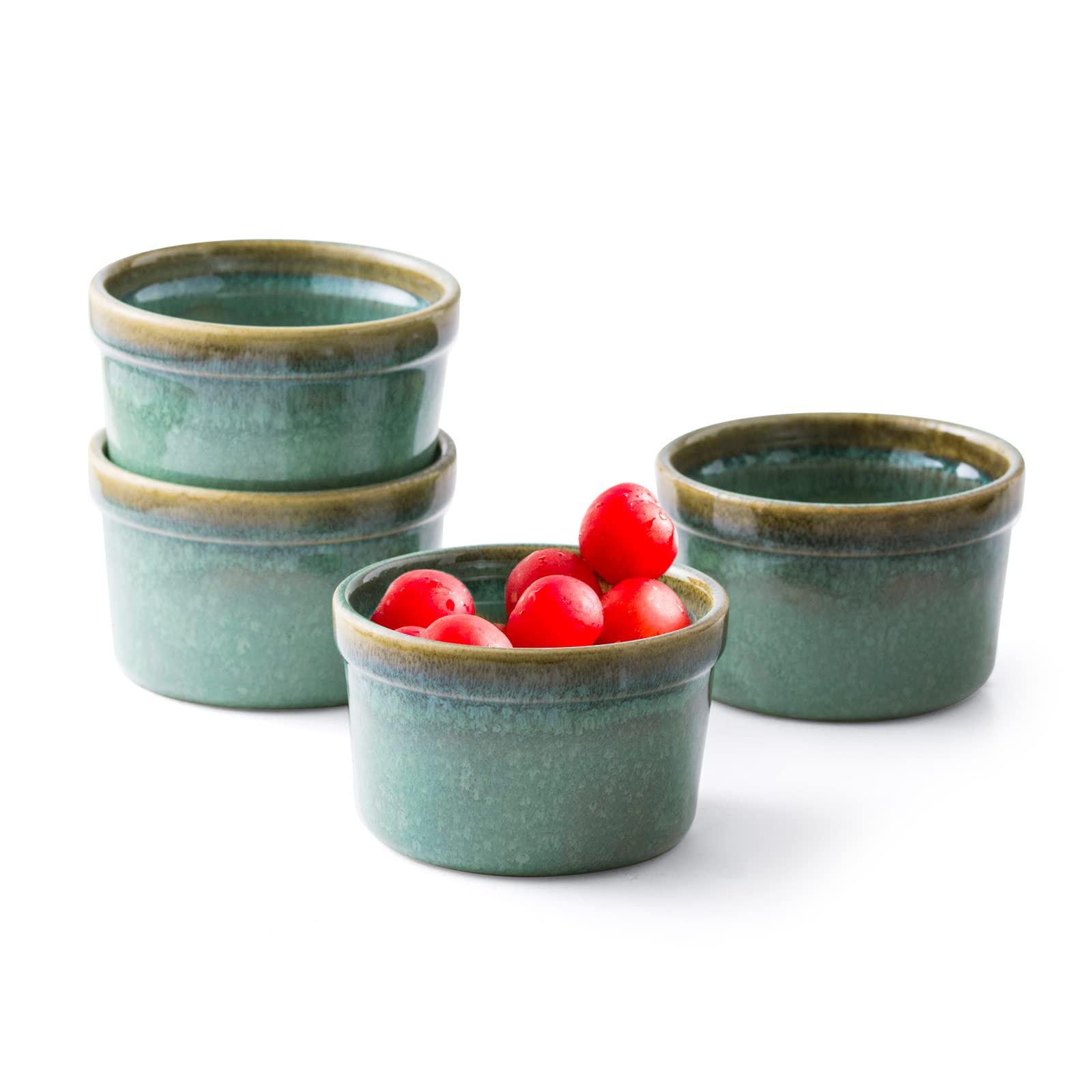 Soufflé Dishes Set of 4, 10oz Baking Dishes Ramekins, Baking Sets for Custard, Pudding, Souffle Cups, Oven/Dishwasher Safe, Reactive Glaze (Shiny Green)