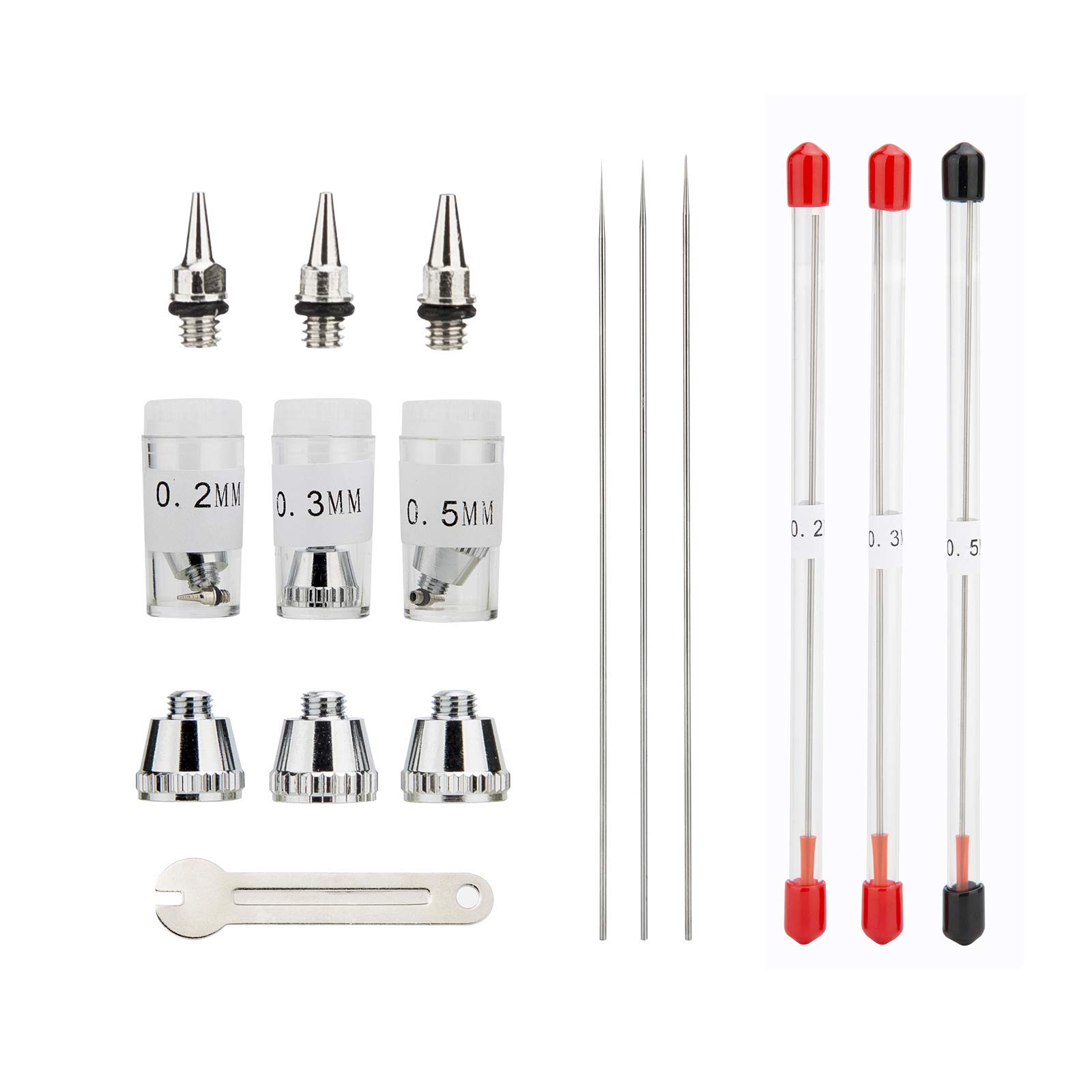 Uouteo 0.2mm, 0.3mm, 0.5mm Airbrush Nozzles Needles and Nozzle Cap Replacement Parts for Airbrush Spray Gun wit Little Wrench
