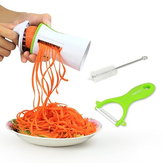 Innoo Tech Cortador Verduras Espiralizador Rallador Verduras en Espiral Multifuncional en Cocina Para Ensalada Vegetal Fruta Patata Pepino Zanahoria Diseñp Ergonómico Seguro Incluidos Pelador de Cerámica y Cepillo de Limpieza