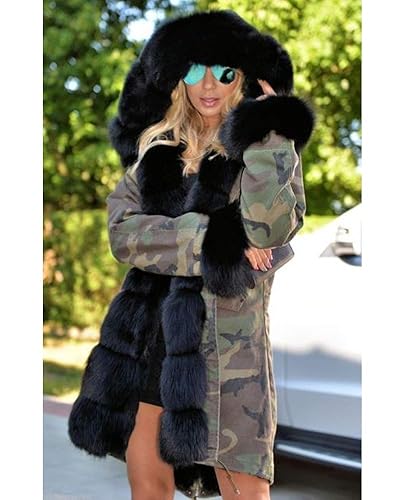 Aofur Womens Hooded Fur Lined Warm Down Coats Parkas Anoraks Outwear Winter  Long Jackets (Small, Camo Green_bl
