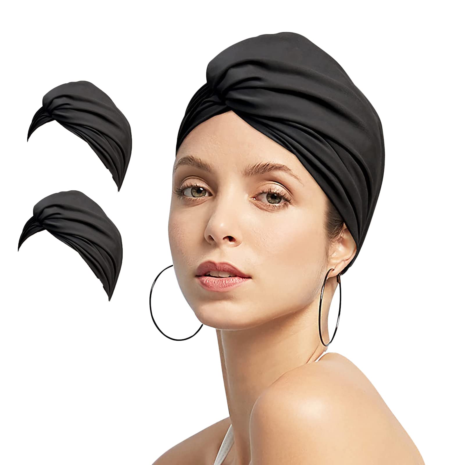 2pcs Women Turban Style Swimming Cap Pleated Fabric Swim Pool Beach Surfing Bathing Shower Cap Elastic Ears Protection Soft Cross Beanie Headwear Chemo Night Sleep Hat Solid Color For Long Short Hair