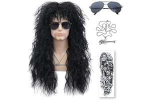 MUPUL Men's 80's Style Glam Rock-Rocker Long 26inch Black water wave Hair Wig Perfect for Halloween Cosplay Costume Party Wigs Rock Curly Wig (black-1)