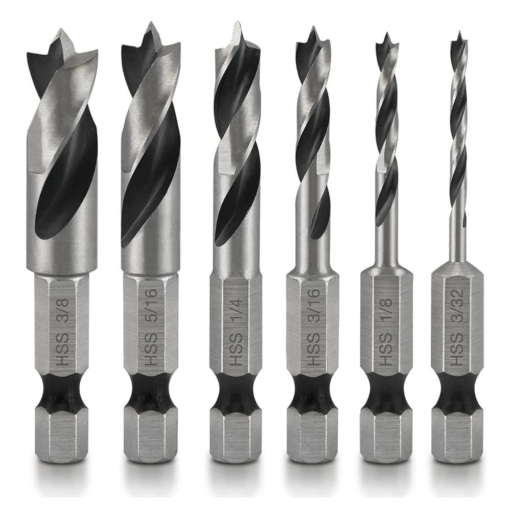 Gasea 6pcs Brad Point Drill Bits Set1/4-Inch Hex Shank HSS Stubby Drill Bit for Wood 3/32, 1/8, 3/16, 1/4, 5/16, 3/8