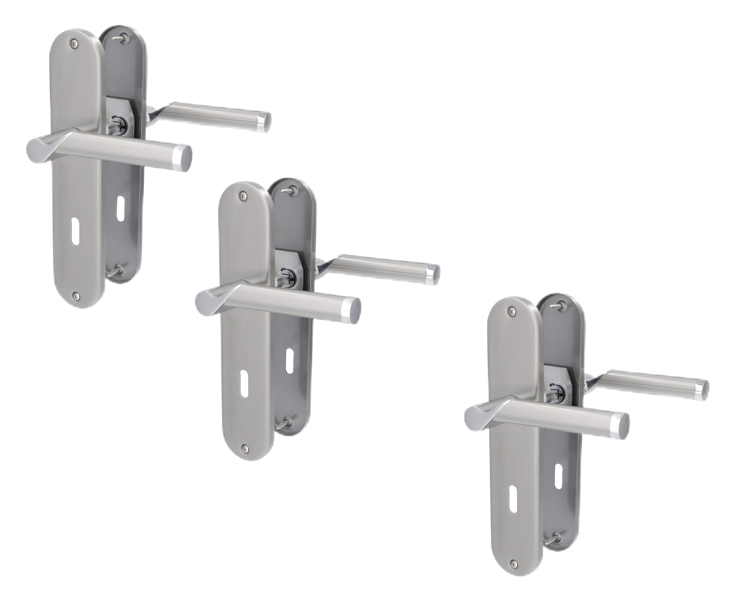 Alpertec Renovation Set II Door Fitting, Long Plate Set of 3, Polished Stainless Steel/Satin Finish Glossy Varnished for 3 Room Doors with Deadlock Hole Door Handle
