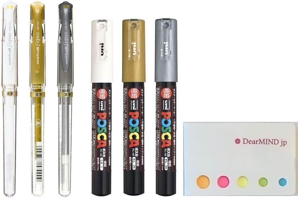 Uni-Ball Impact Broad Point Gel Pen 1.0 x 3, Posca Extra Fine Marker x 3, with Sticky Notes, Value Set of 7 for Black Paper Notebooks (White Gold Silver)