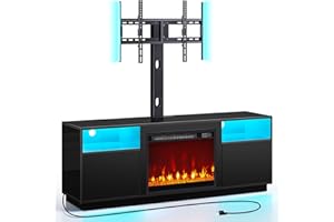 Rolanstar Fireplace TV Stand with Led Lights and Power Outlets, Entertainment Center with Electric Fireplace, Swivel TV Stand Mount for 45/55/60/65 inch TVs, Height Adjustable TV Console, Black