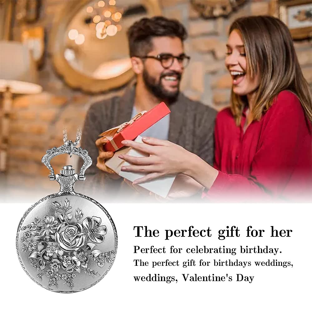 BOSHIYA Retro Flower Openwork Cover Quartz Pocket Watch with Chain Half Hunter Pocket Watches for Women with Box, for Mother's Day