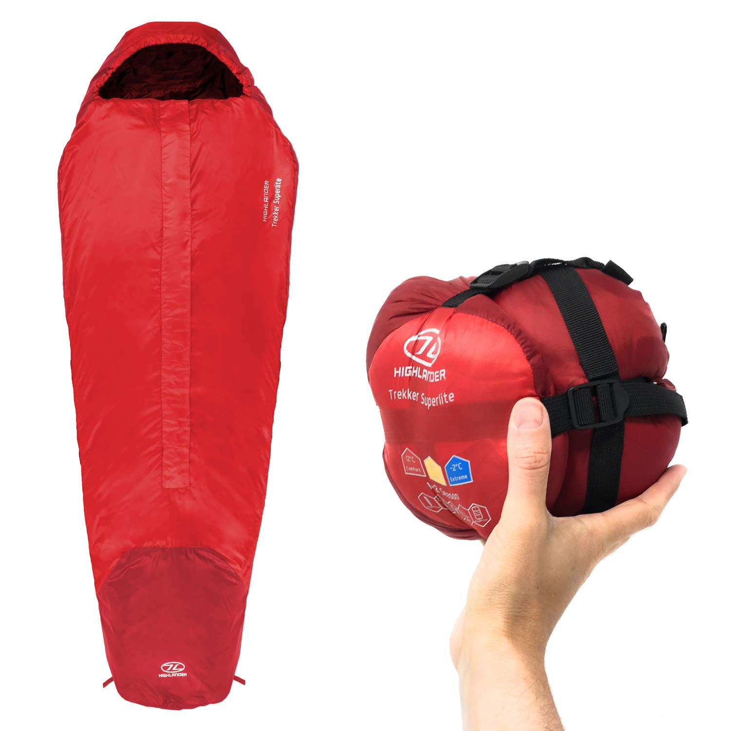 Highlander Trekker Superlite 1-2 Season Lightweight Sleeping Bag, Ultralite Backpacking Travel Mummy Bag (red)